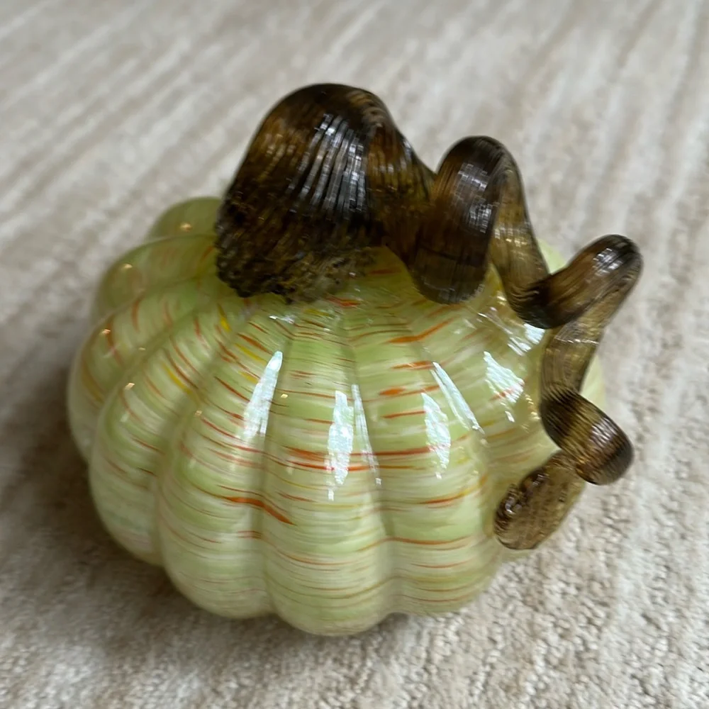 Hand Blown Art Glass Pumpkin Green Orange Flecks Twisted Reeded Clear Stem 5”x4”